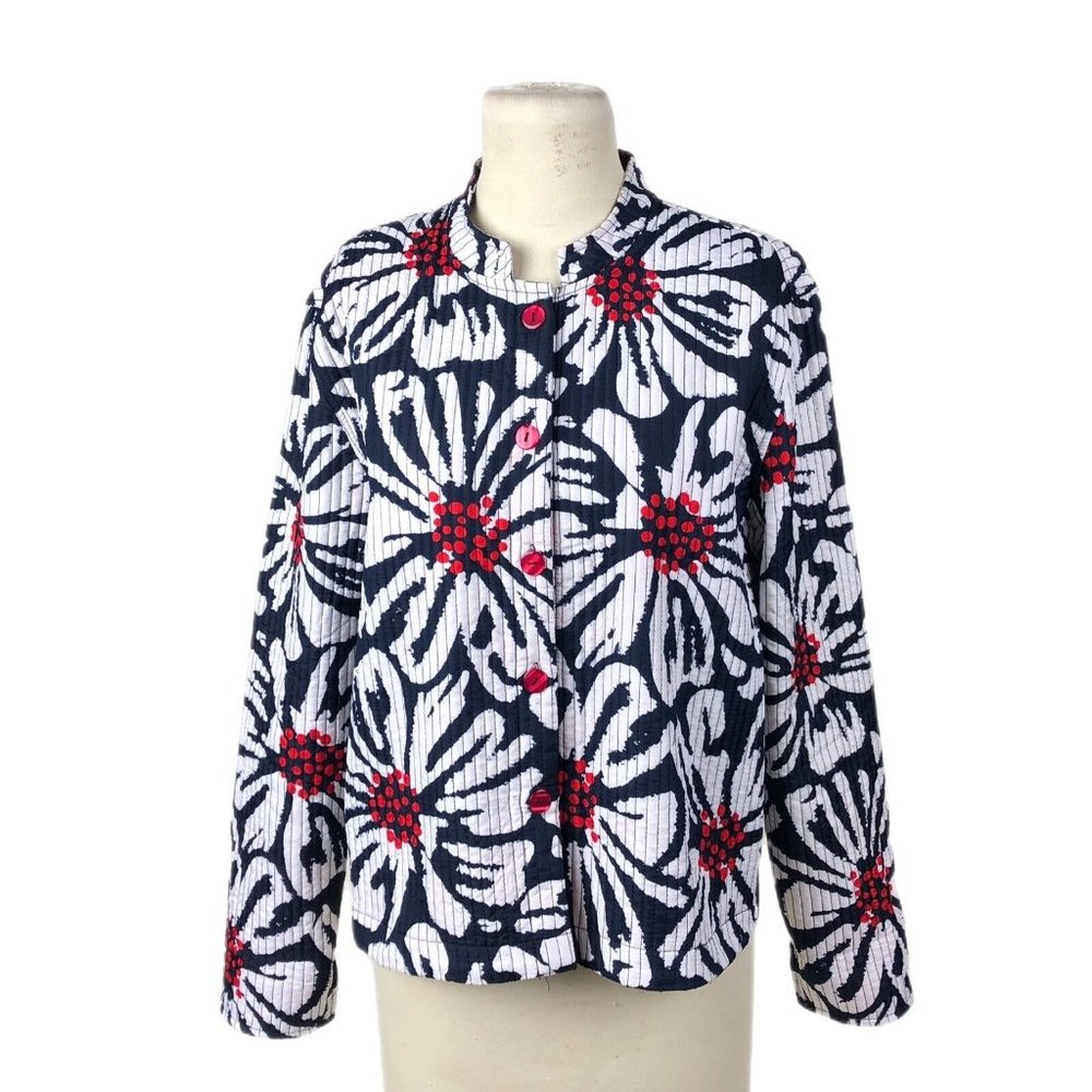 GUMP’S San Francisco Quilted Jacket Button Front Wearable Art B&W Red Size XL?